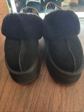 UGG Black Suede Shearling Clog Slippers
